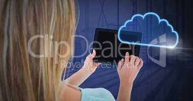 Hand holding tablet with cloud icon