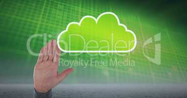 Hand with cloud icon and green technology background
