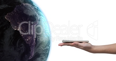 Hand holding tablet with global world