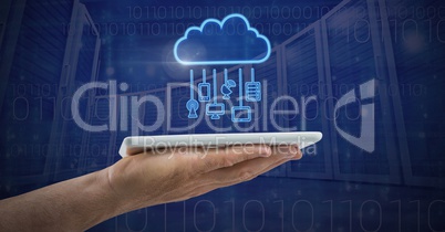Hand holding tablet with cloud icon and hanging connection devices and technology background