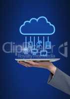 Hand holding tablet with cloud icon