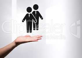 Hand open with business people couple partner icons