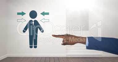 Hand pointing at businessman with arrows icon