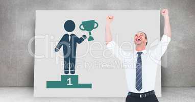 Businessman celebrating victory and success with trophy icon