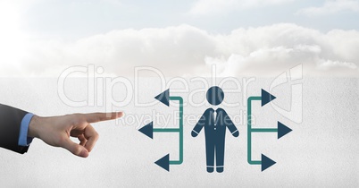 Hand pointing at businessman icon with arrow directions