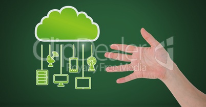 Hand with cloud icon and hanging connection devices