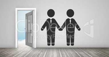 Business people couple partners on wall