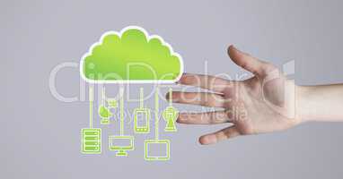 Hand with cloud icon and hanging connection devices