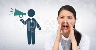 Woman calling with man holding speaker icon