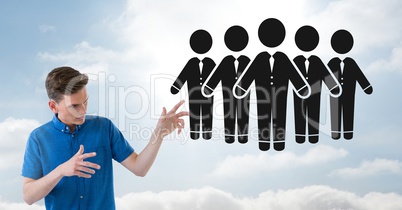 Man opening hands to business people group