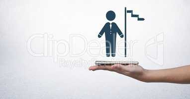 Hand holding tablet with businessman icon and flag pole