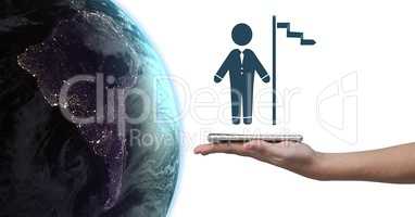 Hand holding tablet with businessman and flag icon next to world earth planet