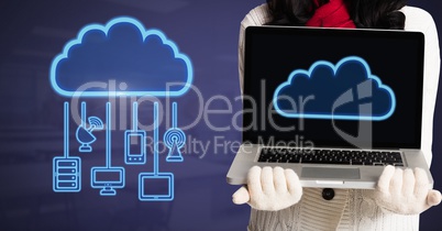 Hands holding laptop with cloud icon and hanging connection devices