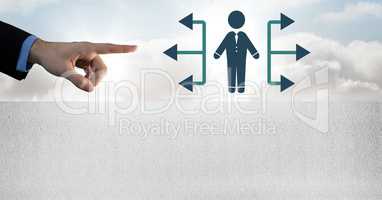 Hand pointing at businessman icons with direction arrows