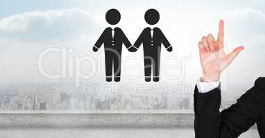 Hand pointing up with business people couple partners icon