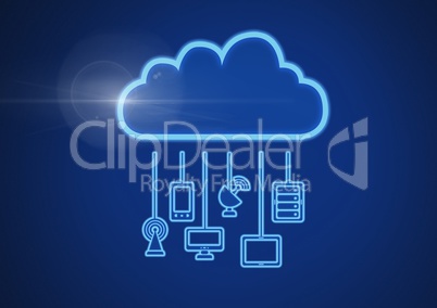 cloud icon and connecting devices and signals with blue background