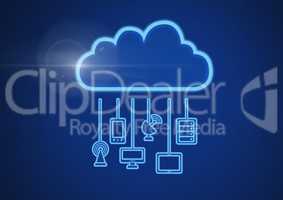 cloud icon and connecting devices and signals with blue background