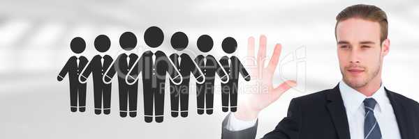 Businessman with open hand and business people group icon