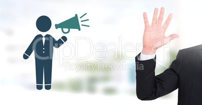 Hand open  with businessman icon holding speaker