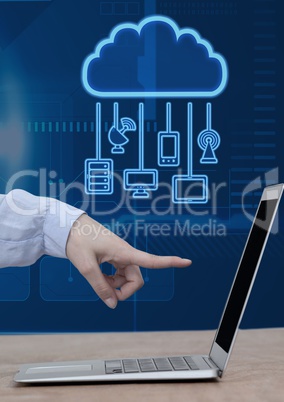 Hand pointing at laptop with cloud icon and hanging connection devices and technology background