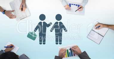 Business people meeting with briefcase icon and hands working on desk