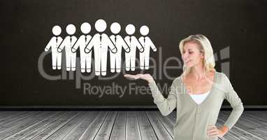 Woman opening hand with business people group icon