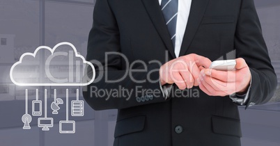 Hand holding phone with cloud icon and hanging connection devices