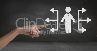 Hand pointing at businessman with arrows directions
