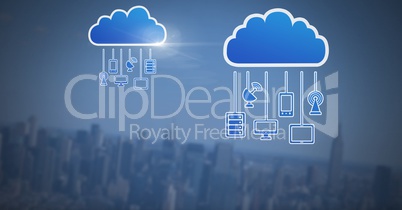 cloud icons and hanging connection devices over city