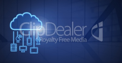 cloud icon and hanging connection devices and blue background