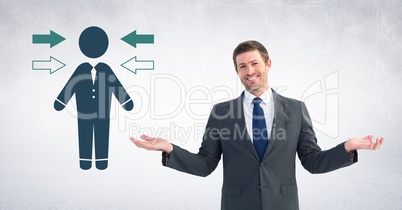 Businessman icon with arrows and man with open arms