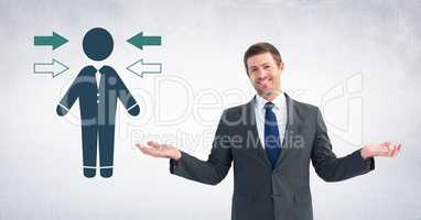 Businessman icon with arrows and man with open arms
