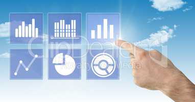 Hand touching business chart statistic icons