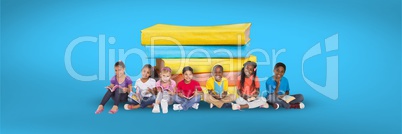 Children sitting on the floor and a pile of books with blue background