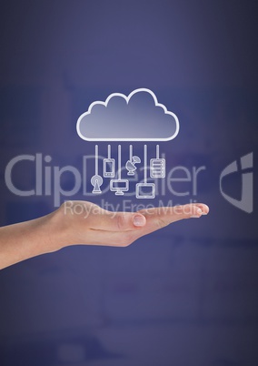 Hand with cloud icon and hanging connection devices