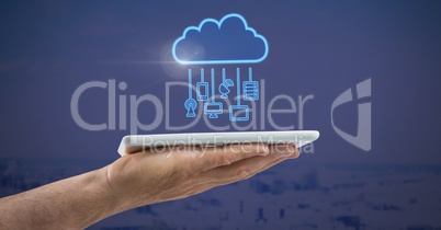 Hand holding tablet with cloud icon and hanging connection devices