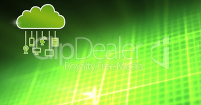 cloud icon and hanging connection devices with green matrix background