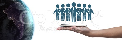 Hand holding tablet with business people group icon and global world