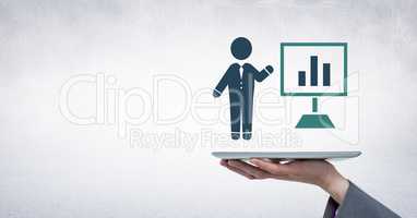 Hand holding tablet with business person presentation chart screen icon