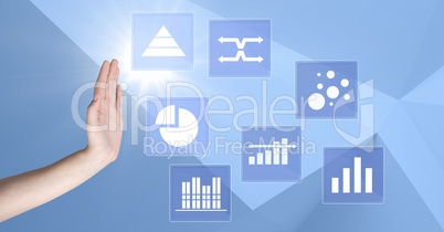 Hand interacting with business chart statistic icons