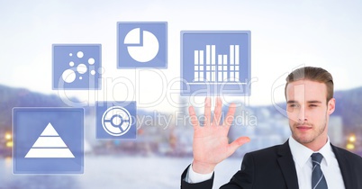 Businessman touching business chart statistic icons