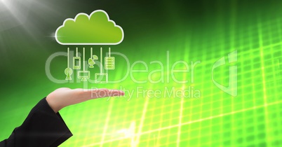 Hand with cloud icon and hanging connection devices and green matrix technology background