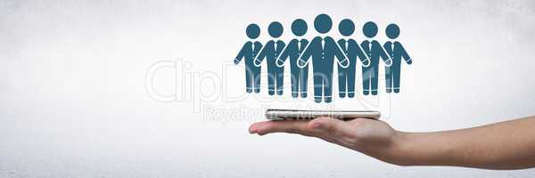 Hand holding tablet with business people group icon