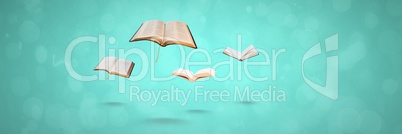 Flying books on blue background