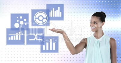 Woman interacting with business chart statistic icons