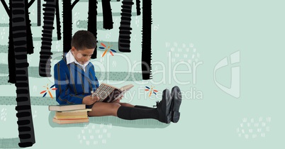 Boy reading in a drawn forest