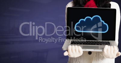 Hands holding laptop and cloud icon