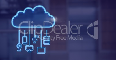 cloud icon and hanging connection devices with blue background