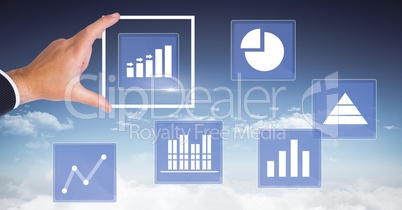 Hand touching business chart statistic icons