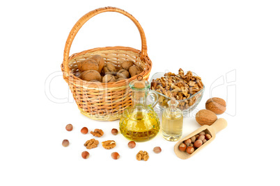 Oil of walnut and hazelnut, nuts fruit isolated on white backgro